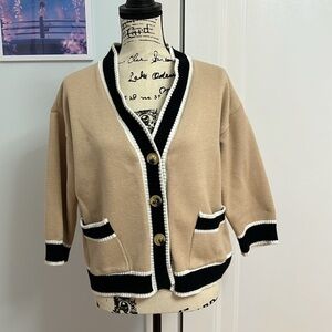 Color Block Cardigan Beige Black&White Detailing Thick Cotton Material